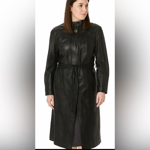 Yudofsky Black Leather Button Down Womens Trench Coat Size M Belted - Picture 1 of 8